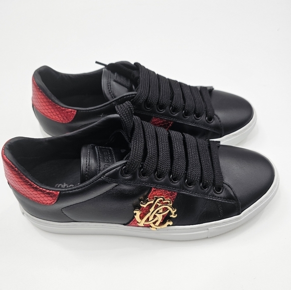 Roberto Cavalli Snake Embossed Leather Italian Logo Designer Women's Sneakers 37 - Picture 1 of 7